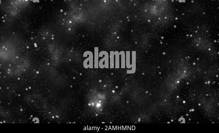 Schöner Raum. Weißer Nebel in tiefem dunklen Raum. Kosmischer Hintergrund. Schöne weiße Sterne Stockfoto