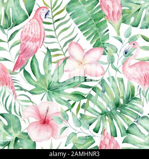Tropische Regenwaldpflanzen zeichnen sich durch ein nahtloses Muster aus. Plumeria, Hibiskus und Anthurium mit rosafarbenem Flamingo und Papagei. Dschungelwald, Stockfoto