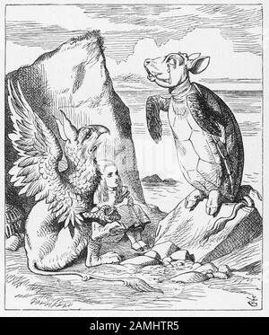 Verspottete SCHILDKRÖTE mit Alice und dem Gryphon in John Tenniels Illustration für ALICES ABENTEUER IM WUNDERLAND 1865. Stockfoto