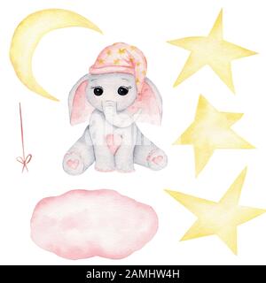 Süßer Baby-Elefant in Nachtkitten-Handarbeit mit Aquarelldarstellung. Kleines graues Elefantenkalb mit großen Ohren, Schlafmütze, Mond, Sternen und rosafarbenem Zl Stockfoto