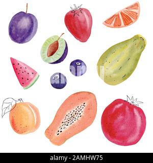 Handgezeichnete bunte Früchte mit Aquarellbildern. Kiwi, Pflaume, Erdbeere, Passionsfrucht, Granatapfel, Orange, Blaubeere, Wassermelone, Grapefruit sl Stockfoto