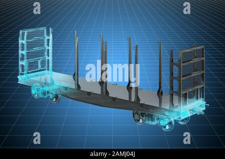 Visualisierung 3D-Cad-Modell von Güterwagen für Holzstämme, Blaupause. 3D-Rendering Stockfoto