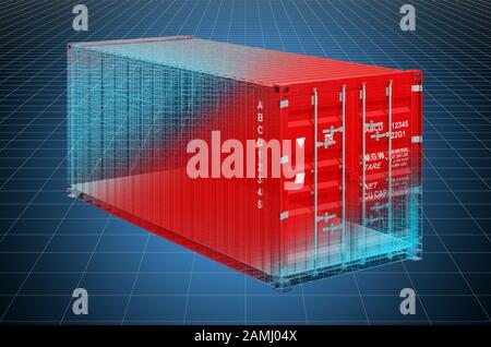 Visualisierung 3D-Cad-Modell des Frachtcontainers, Blaupause. 3D-Rendering Stockfoto