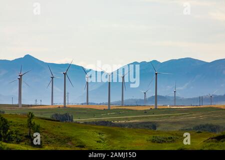 Ein großer Windturbinenpark wird von den Rocky Mountains in Alberta, Kanada, gesehen. Saubere erneuerbare und grüne Energie in natürlicher Landschaft mit Platz für Kopien Stockfoto