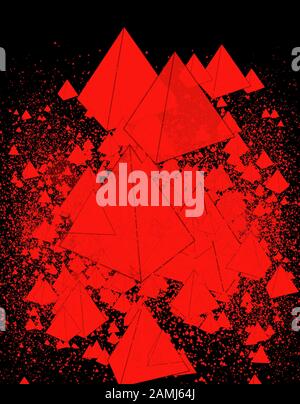 Partikel aus roten Pyramiden auf schwarzem Hintergrund. 3D-Abbildung. Partikel Hintergrund Stockfoto