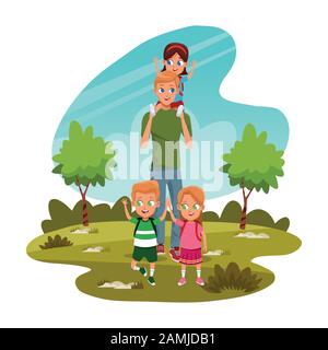 Mann, der einen Jungen auf seinen Schultern und Kinder im Park trägt, farbenfrohes Design Stock Vektor