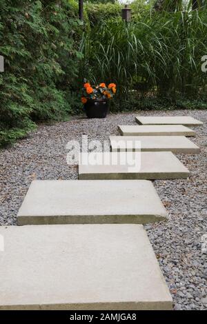 Eckige Zementpfadfliesen und schwarze Keramikfliesen mit orangefarbenen Begonienblüten und Thuja - Zedernbäume, Miscanthus sinensis - Ziergraspflanzen. Stockfoto