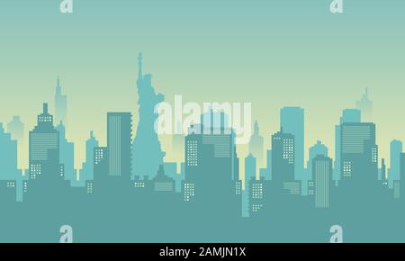 Liberty Statue City Silhouette in New York mit hellem Himmel Stock Vektor
