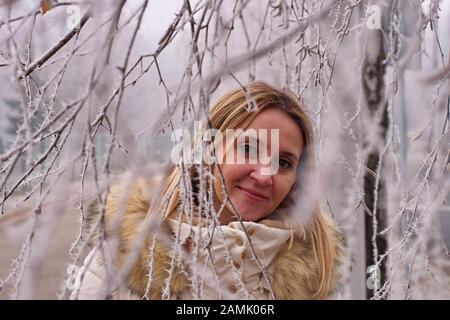 Winterporträt der jungen Frau unter den verfrosteten Zweigen Stockfoto