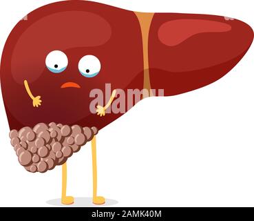 Krank ungesunde Cartoon Leber Charakter leidet an Krebs und Schmerzen leiden. Humanes exokrines Drüsenorgan Tumorzerstörungskonzept. Vektor Maskottchen Illustration Stock Vektor