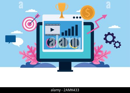 Desktop-Computer mit festgelegten Geschäftssymbolen Stock Vektor