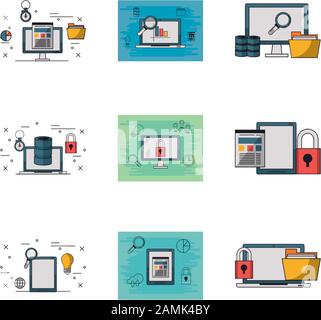 Paket mit elektronischen Geräten und Infochartensymbolen Stock Vektor