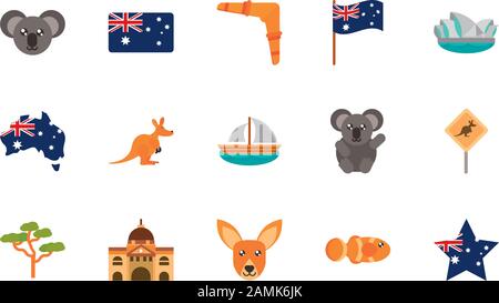 Australien Animal Things berühmte Sites Symbole auf weißem Hintergrund Vektorgrafiken Stock Vektor