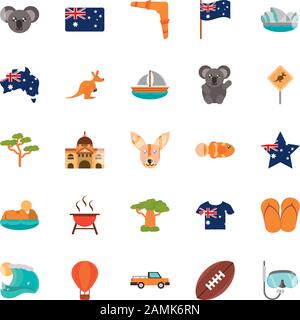 Australien Animal Things berühmte Sites Symbole auf weißem Hintergrund Vektorgrafiken Stock Vektor