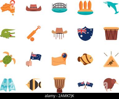 Australien Animal Things berühmte Sites Symbole auf weißem Hintergrund Vektorgrafiken Stock Vektor