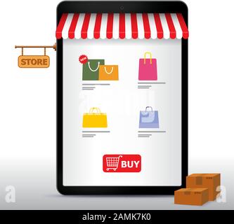 Online-Shopping auf dem Tablet-Computer und Anwendungsvektor-Illustration. E-Commerce und Digital Marketing Konzept. Stock Vektor