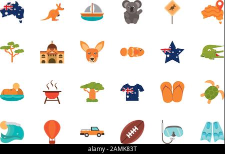 Australien Animal Things berühmte Sites Symbole auf weißem Hintergrund Vektorgrafiken Stock Vektor