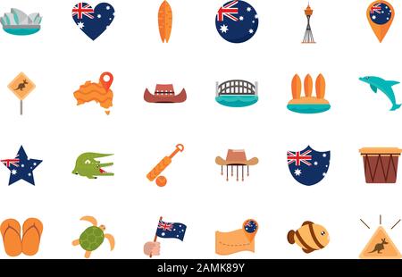 Australien Animal Things berühmte Sites Symbole auf weißem Hintergrund Vektorgrafiken Stock Vektor