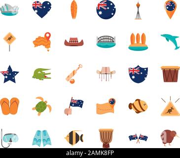 Australien Animal Things berühmte Sites Symbole auf weißem Hintergrund Vektorgrafiken Stock Vektor