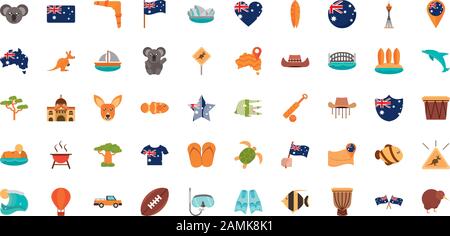 Australien Animal Things berühmte Sites Symbole auf weißem Hintergrund Vektorgrafiken Stock Vektor