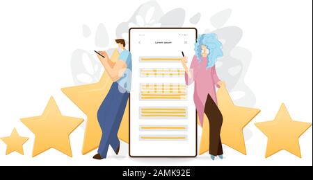 Feedback Umfrage vektor Flachbild-Konzept mit Menschen, Mann und Frau sitzen auf großen Bewertung Sterne, schreiben Berichte und Kommentare über den Service oder Stock Vektor