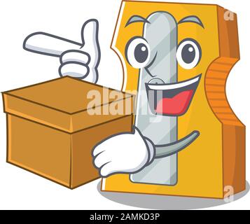 Süßer Bleistift-Sharpener-Cartoon-Charakter mit einer Schachtel Stock Vektor