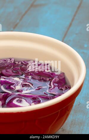 In einer Keramikschale in Wasser einbrechender Rotkohl in Scheiben geschnitten. Mit Holzhintergrund. Stockfoto