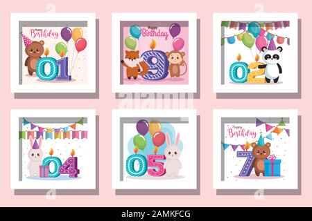 Kartenbündel Happy Birthday mit niedlichen Tieren und Dekoration Stock Vektor