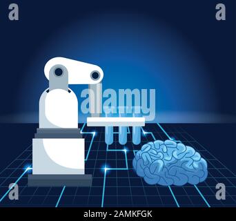 Künstliche Intelligenz Technologie Roboterarm Laborkolben und menschliches Gehirn Stock Vektor