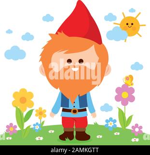 Niedlicher Gartenzwerg in einem wunderschönen Garten mit Blumen im Frühling. Glückliche kleine Zwergfigur. Lustiger Gartendekorationsgnome mit rotem Hut. Stock Vektor