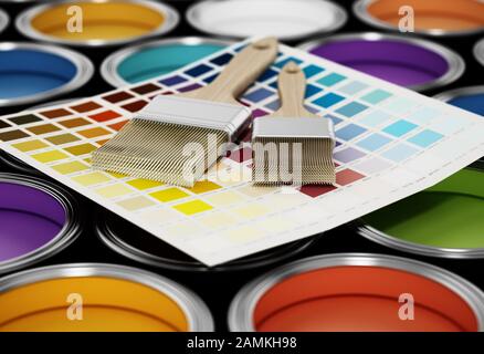 Verschiedene Farbdosen, Rollen- und Farbführungen. 3D-Abbildung. Stockfoto