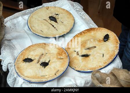 Ein Goth-gebackener Kuchen im Verkauf in einer Bäckerei. Für das Goth Convention Wochenende in Whitby, North Yorkshire. Großbritannien Stockfoto