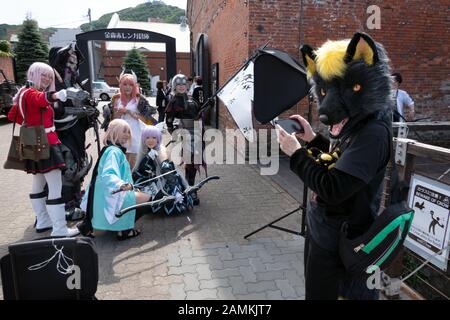 Teenager und Freunde auf dem Cosplay Festival in Hakodate, Hokkaido, Japan, Asien. Junge Japaner mit Anime- und Manga-Kostümen Stockfoto