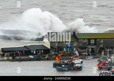 Lyme Regis, Dorset, Großbritannien. Januar 2020. Wetter in Großbritannien. Stürmische Meere stürzen gegen den Cobb-Hafen bei Lyme Regis in Dorset ab, da stürmische Zustände nach Storm Brendan andauern. Bildnachweis: Graham Hunt/Alamy Live News Stockfoto