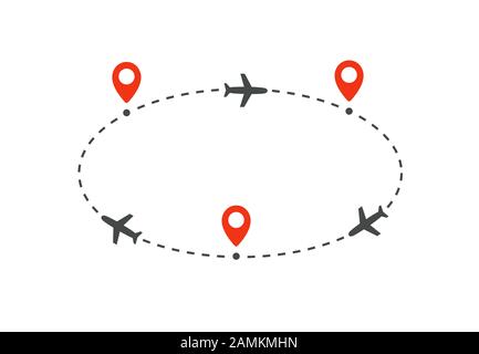 Zyklische Ebenenroute zu und von Zielen, isolierte Vektordarstellung auf weißem Hintergrund Stock Vektor