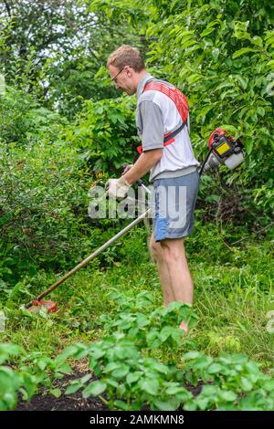 Gärtner mäht das Unkraut in meinem Garten Stockfoto