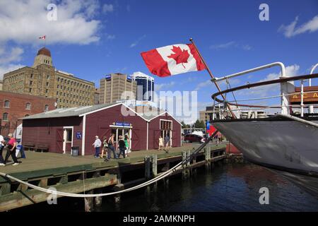 Kanadische Flagge auf Segelyacht im Hafen von Halifax, Nova Scotia, Kanada, Nordamerika. [Automatisierte Übersetzung] Stockfoto