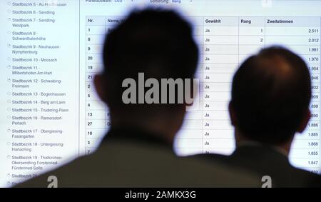 Kommunalwahlen 2014 in München: Zwei Männer folgen im Kreisverwaltungsreferat an der Poccistraße auf großem Bildschirm den Wahlergebnissen. [Automatisierte Übersetzung] Stockfoto