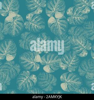 Die Philodendron-Palme hinterlässt einen nahtlosen Vektorhintergrund. Tropisches Blattmuster. Exotische Natur wiederholende Kulisse weiß auf blauem Teelblau. Palmendesign von Monstera Stock Vektor