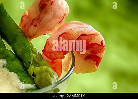 Nahaufnahme bei Spargel, Garnelen und Sahne in kleinem Verrinenglas. Stockfoto