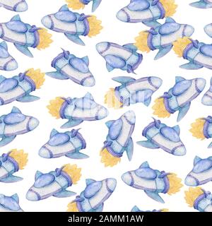 Seamless Cartoon Blue Rocket Ship Aquarell farbenfroher Musterhintergrund. Niedliche Abbildung für Kinder. Clipart für Kinder auf weißem Hintergrund Stockfoto