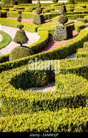 Ein Parterre in einem französischer Garten mit Sträuchern und niedrigen Hecken aus Box Tree in aufwendigen geometrischen Formen geschnitten. Stockfoto