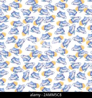 Seamless Cartoon Blue Rocket Ship Aquarell farbenfroher Musterhintergrund. Niedliche Abbildung für Kinder. Clipart für Kinder auf weißem Hintergrund Stockfoto