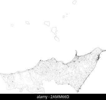 Satellitenplan der Provinz Messina Städte und Straßen, Gebäude und Verbindungsstraßen der Umgebung. Region Sizilien, Italien. Sicilia. Straßen zuordnen Stock Vektor