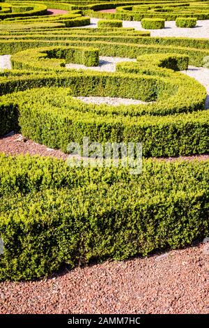 Ein parterre de broderie in einem französischen Garten, mit Absicherungen von "Baum im Curling Formen, welche mit weißen und roten Kies abgedeckt wird beschnitten. Stockfoto