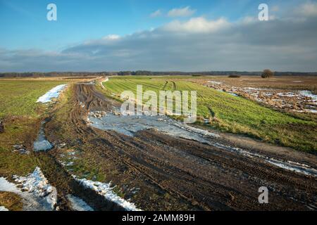 Schlammige gefrorene Straße durch Felder, Horizont und Himmel Stockfoto