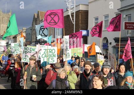 Aussterben Rebellion protestieren in Keynsham gegen Bristol Airport Expansion. 15. Januar 2020 Stockfoto