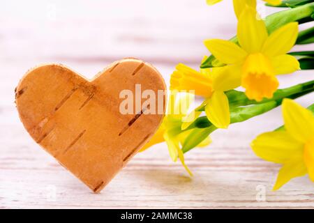 Narzissen mit Holzherz als Begrüßung für Ostern [automatisierte Übersetzung] Stockfoto