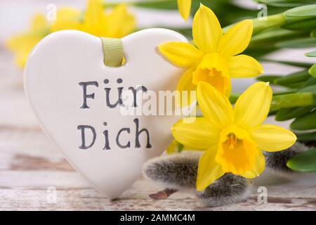 Narzissen mit Herz aus Stein und Aufschrift als Begrüßung zu Ostern [automatisierte Übersetzung] Stockfoto