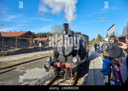 Bayerischer Lokalbahnverband Tegernsee, Federdampf, Sonderfahrt mit der Kohle-Dampfmaschine 70 083 ab 1913 von Tegernsee nach Holzkirchen und zurück, 12.03.2017 [automatisierte Übersetzung] Stockfoto